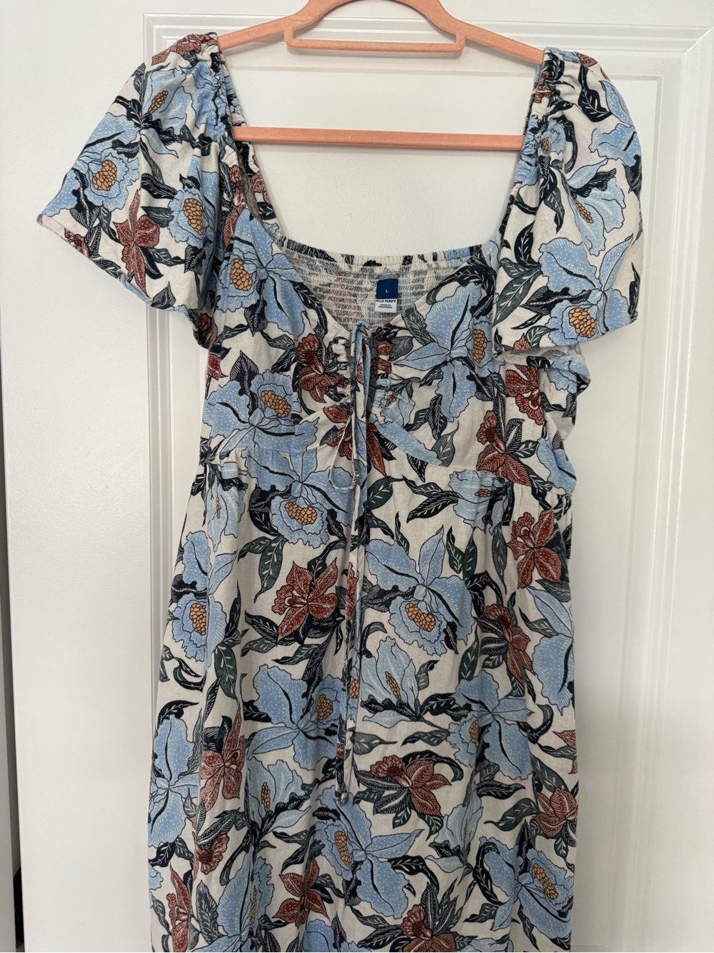 Old Navy Floral Puff-Sleeve Midi Dress in Blue & Rust